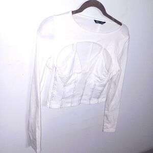 Shein - White- Cut-Out- Long Sleeve Top- W Sz Small